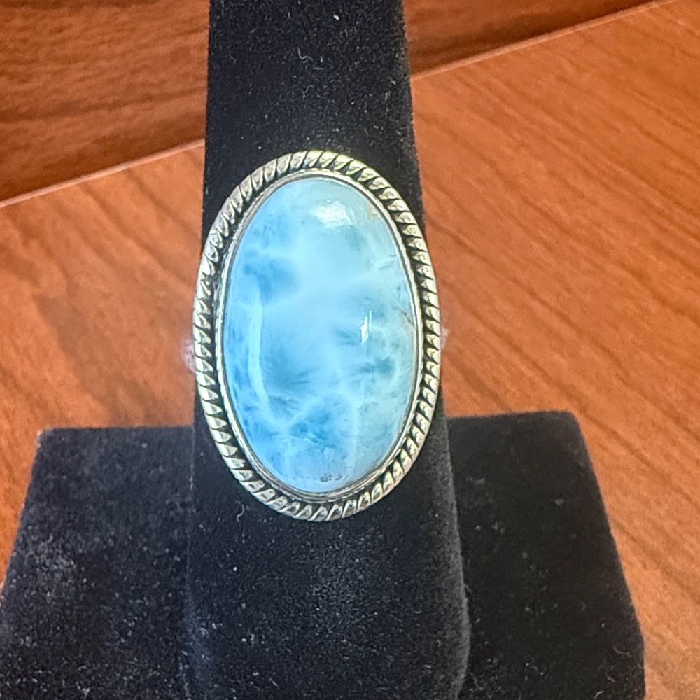 925 Sterling Silver Blue Larimar Oval Stone Ring Size 8